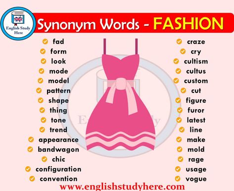 Synonym Words Related to FASHION Fashion Synonyms Words, Words Related To Fashion, Fashion Related Words, Sentence Examples, Silver Cocktail Dress, Fashion Things, Fashion Book, Sportswear Fashion, Word List