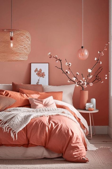 The Best Feng Shui Bedroom Colors Ideas Trending In 2024! Peach Beige Bedroom, Salmon Color Bedroom Walls, Peach Color Bedroom Ideas, Warm Bedroom Ideas Colour Schemes, Teenage Girl Bedroom Color Schemes, Colourful Bedroom Aesthetic, Peach Bedroom Ideas, Salmon Bedroom, Pink And Orange Room