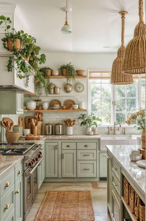 Cottagecore Kitchens, Modern Boho Kitchen, Boho Kitchen Ideas, Sage Green Kitchen, Green Kitchen Cabinets, التصميم الخارجي للمنزل, Green Cabinets, Boho Kitchen, Cottage Kitchen