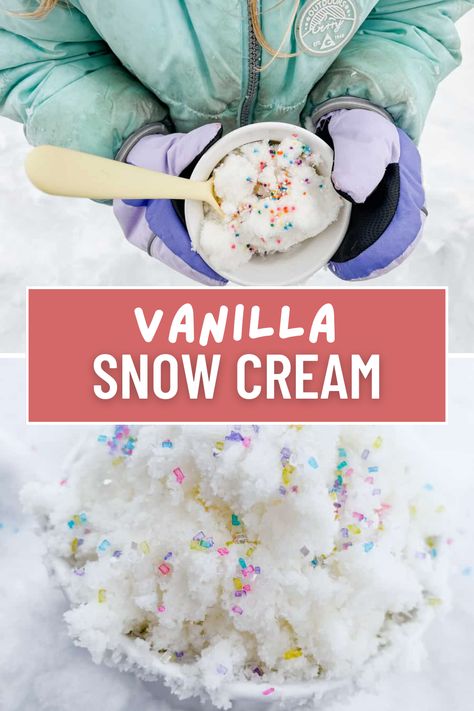 This vanilla snow ice cream is a simple and tasty winter treat! Make the most of your snow day with this easy snow ice cream recipe. A fun winter activity for kids that also tastes delicious! ❄️🍦 Snow Ice Cream Recipe, Snow Cream Recipe, Snowcream Recipe, Winter Activity For Kids, Snow Recipe, Snow Ice Cream, Snow Cream, Homemade Recipes Dessert, Ice Cream Ingredients