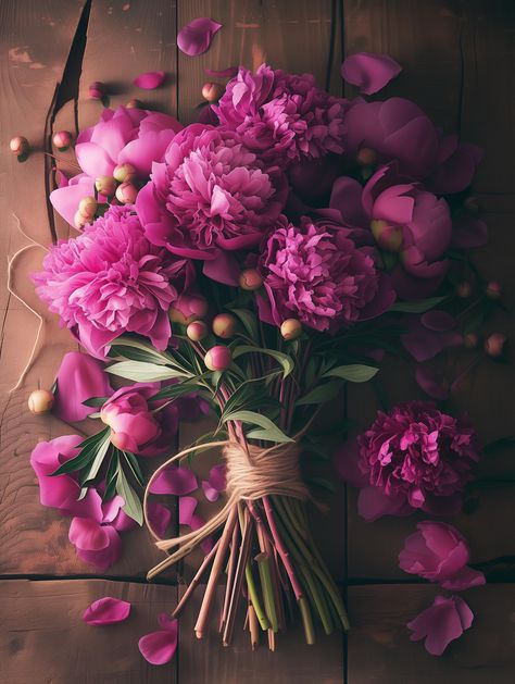 A bouquet of large dark purple peonies and scarlet peonies wrapped in twine, with some petals scattered around it on a table.  The flowers are fresh and vibrant, with the colors that contrast beautifully against the table surface. There's a sense of natural beauty. 1856x2464   8.4MB 1856x2464   7.3MB  notice: 1. Colors may vary from screen to print (once/IF printed) 2. All prints are for PERSONAL use ONLY. Any reselling, redistribution, or sharing without obtaining written permission from the ow Peony Leaves, French Country Garden, Purple Peonies, Table Surface, High Angle, Peonies Bouquet, Country Gardening, Wedding Saving, Rose Bouquet