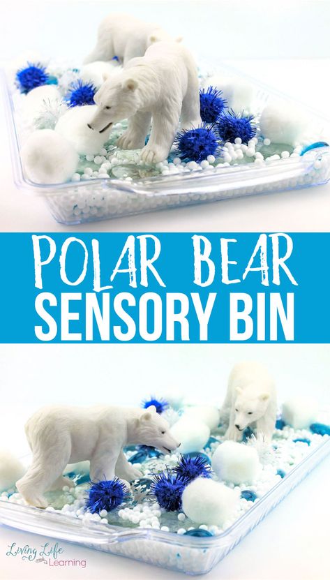 SMYSLOVÝ KOŠ SE ZVÍŘÁTKY V JEJICH ŽP - Try this easy polar bear sensory bin if you're studying arctic animals, you' love discovering these amazing creatures at the top of the food chain. My kids love this polar bear sensory play idea.#polarbears Bear Sensory Bin, Sensory For Toddlers, Polar Bears Activities, Polar Bear Toy, Winter Sensory Bin, Polar Animals, Winter Activities For Kids, Bear Theme, Animal Activities