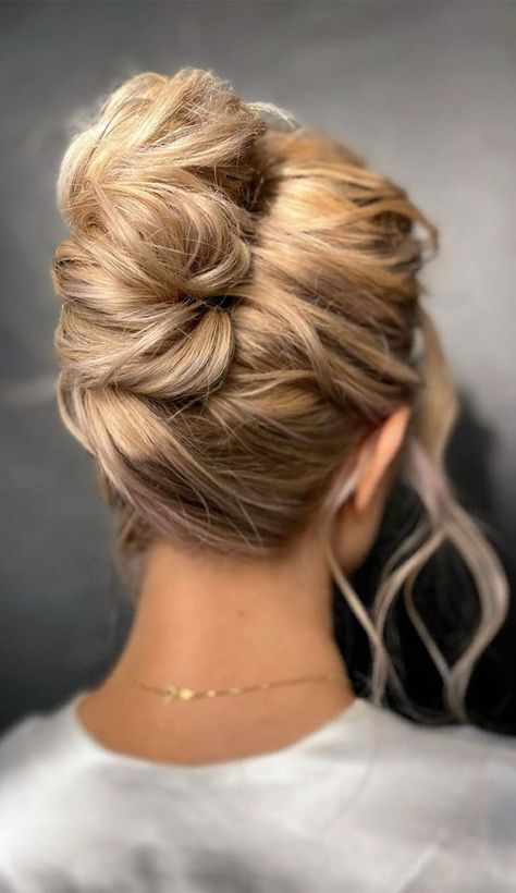 chic updos, updos, updo hairstyle, cute updo, simple updo, chignon, high updo Wedding Twist Hairstyles, Modern Bouffant Hair, French Twist Updo Front View, Wedding French Twist Updo, Bridesmaid Hair High Updo, Bridesmaid French Twist, Messy French Twist Updo Wedding, Bridal Hair French Twist, Wedding Hair French Twist