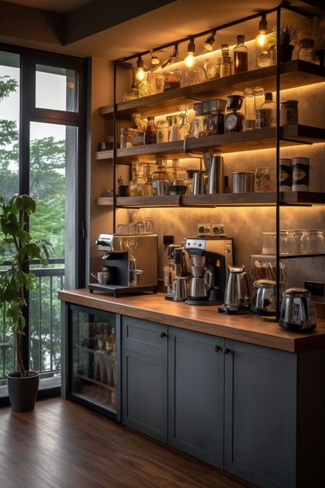 coffee bar ideas coffee aesthetic morning coffee aesthetic iced coffee aesthetic kitchen interior modern design house design home interior design Kaffe Bar, Pinterest Kitchen, Industrial Kitchen Design, Coffee Bars In Kitchen, Home Coffee Bar, Coffee Bar Home, Kitchen Pantry Design, Ideas Minecraft, Pantry Design