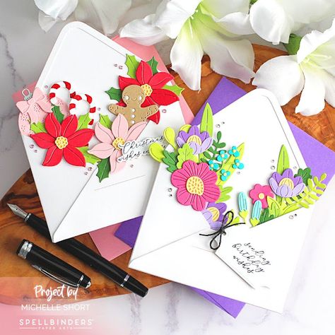 Spellbinders Envelope Of Wonder Cards, Envelope Of Wonder, Spellbinders Be Bold Blooms, Be Bold Blooms, Card Designs Ideas, Embossing Ideas, The Greetery, Christmas Envelopes, Polka Dot Paper