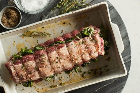 Lamb Loin Roast w/ Garlic & Basil Recipe | Zupan’s Markets Lamb Loin Roast, Lamb Loin Recipes, Lamb Roast Recipe, Lamb Loin Chops, Sirloin Roast, Lamb Loin, How To Cook Lamb, Tenderloin Roast, Basil Recipes