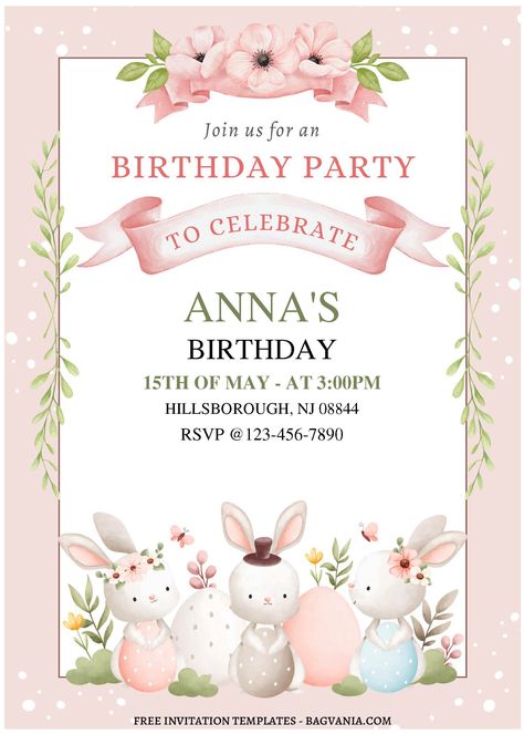 Rabbit Invitation Template, Bunny Invitation Template, Baby Birthday Party Invitations, Easter Birthday Invitations, Bunny Invitations, Bunny Theme, Bunny Templates, Invitation Card Birthday, Anna Birthday