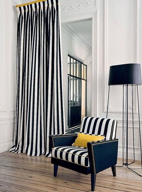 #Furniture in #black and #white stripes is strikingly beautiful and original White Upholstery Fabric, Striped Furniture, Modern Room Design, Striped Chair, Striped Curtains, White Upholstery, Striped Shower Curtains, Yellow Pillows, Contemporary Furniture Design