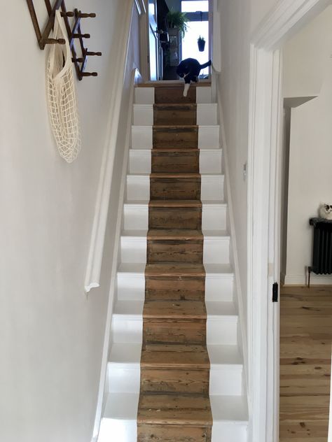 Stair Runner Enclosed Stairs, Narrow Edwardian Hallway, Inside Staircase Ideas, Handrail Narrow Staircase, Terrace House Staircase, Terraced House Staircase, Painted Runner On Stairs, Narrow Staircase Handrail Ideas, Narrow Stair Runner