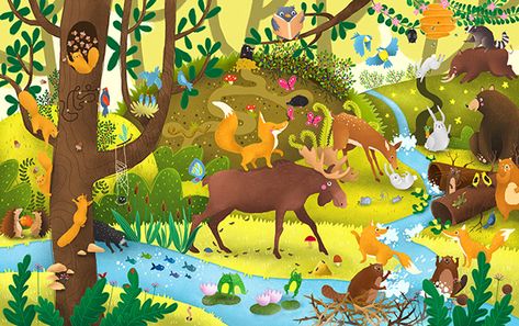 Forest Animals - observation puzzle on Behance Forest Animals Illustration, Animal Illustration Kids, Tree Watercolor Painting, Farm Cow, Forest Illustration, Background Drawing, Vintage Deer, Watercolor Trees, Whimsical Illustration