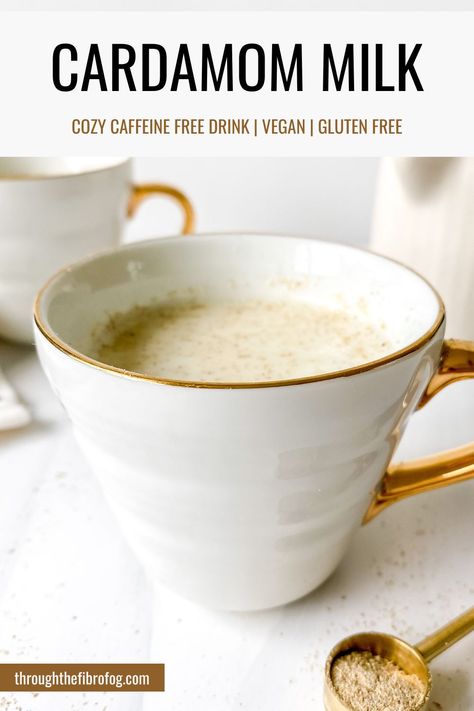 labelled cardamom milk in a white mug with a gold rim, with text cozy caffeine free drink, vegan and gluten free. Warm Milk Recipe, Cardamom Spice, Moon Milk Recipe, Coconut Milk Drink, Mixology Recipes, Caffeine Free Drinks, Cozy Fall Recipes, Winter Breakfast, Fibro Fog