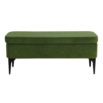 This upholstered bench with storage adds a sleek seating surface and ample room to tuck away blankets, throws, and more in your entryway, living room, or bedroom. It has an engineered wood frame that rests on matte black metal legs with tapered corner silhouettes. Wrapped in textured polyester fabric, the seat is filled with foam for just the right amount of support. The top also lifts to reveal a spacious interior storage area. Color: Forest Green Wade Logan® Ameelya Upholstered Flip Top Storag Entryway Bench With Storage, Velvet Storage Bench, Modern Storage Bench, 2024 Wishes, Dark Grey Rooms, Velvet Storage, Velvet Bench, Entryway Bench Storage, Modern Style Design