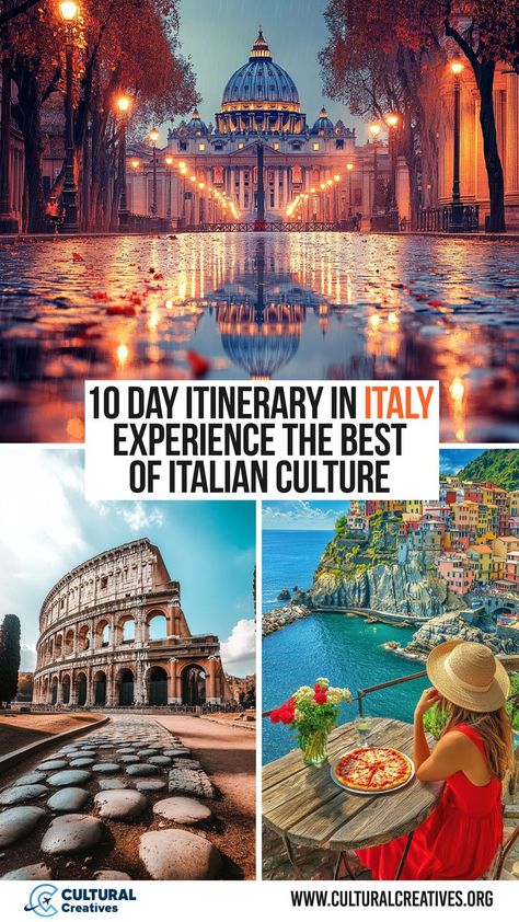 Images of Vatican City, the Colosseum, and a coastal Italian village with a woman enjoying pizza, representing a 10 Day Itinerary in Italy. Central Italy Itinerary, First Trip To Italy, Best Cities To Visit In Italy, 2 Week Italy Itinerary, Italy Itinerary 10 Days, Italy Must See, Italian Roadtrip, Two Weeks In Italy, Italy Travel Itinerary