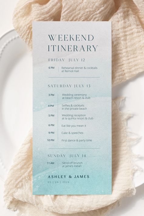 The Ocean Beach Sand Wedding Itinerary Template is specifically designed for couples planning a beautiful beach wedding ceremony by the ocean. This template offers a structured outline to assist you in organizing and coordinating the various events and activities surrounding your special day. It allows you to include important details such as the ceremony time and location, pre-wedding activities. Beach Wedding Activities, Budget Beach Wedding, Beach Wedding Programs, Weekend Itinerary Template, Sand Wedding, Brazilian Wedding, Wedding Itinerary Template, Anniversary Plans, Beach Wedding Ceremony