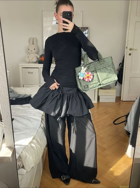 All Black Orchestra Outfit, Layering Turtleneck Outfit, Alt Formal Outfits, Skirt And Pants Combo, Dress With Pants Underneath, Slip Dress Layering, Total Black Outfit, Full Black Outfit, Layers Outfit