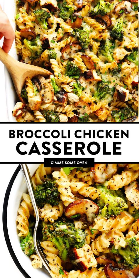 This healthier Broccoli Chicken Casserole recipe is made with your choice of pasta, tender chicken and broccoli, and the most delicious creamy cheddar mushroom sauce. It's modern comfort food at its best! | gimmesomeoven.com #chicken #casserole #dinner #comfortfood #healthy #glutenfree #mealprep #pasta Broccoli Casserole Healthy, Broccoli Chicken Casserole, Favorite Casserole Recipes, Chicken Broccoli Pasta, Broccoli Recipes Casserole, Chicken Casserole Recipe, Broccoli Bake, Broccoli Chicken, Chicken Broccoli Casserole