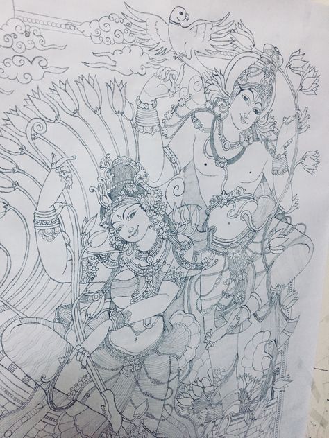 Ambalpoyka kerala mural pencil sketch (by:Preetha Ramesh ) Kerala Mural Painting Outline, Mural Painting Outline, Mural Painting Outline Sketches, Kerala Mural Painting Outline Sketches, Outline Sketches, Disney Drawing Tutorial, Ganesh Art Paintings, Lotus Flower Art, Kerala Mural Painting