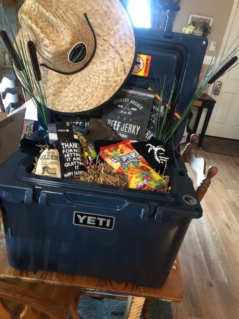 Yeti Gift Basket Ideas, Yeti Gift Basket, Country Boyfriend Gifts, Fishing Gift Basket, Raffle Gift Basket Ideas, Dad Gifts Basket, Auction Gift Basket Ideas, Fathers Day Gift Basket, Auction Basket