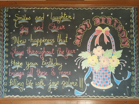 Birthday Chalkboard Mural, Blackboard Decoration, Teacher Meeting, School Thoughts, Birthday Chart, Blackboard Drawing, Chudidhar Neck Designs, Blackboard Art, Ganpati Decoration At Home