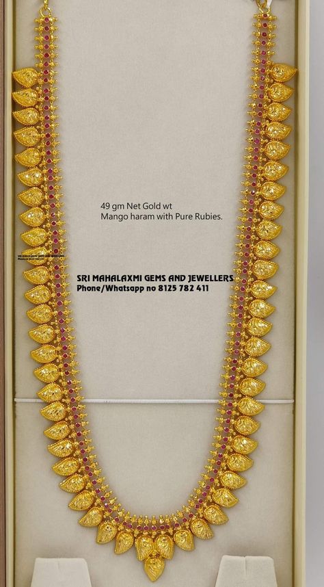 Light wt traditional harams made in perfect finish.  49 gm Mango haram shown here.  Visit us for full variety at wholesale prices phone no 8125 782 411 Mango Mala Jewellery Gold, Mango Haram Designs, Mango Mala Jewellery, Mango Haram, Mango Mala, Haram Designs, Long Haram, Gold Jewels Design, Mala Jewelry