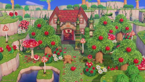 Red Acnh Island, Forestcore Acnh, Fae Farm, Fairy Island, Pink Cottagecore, Forest Village, Motif Acnl, Fairytale Forest, City Folk