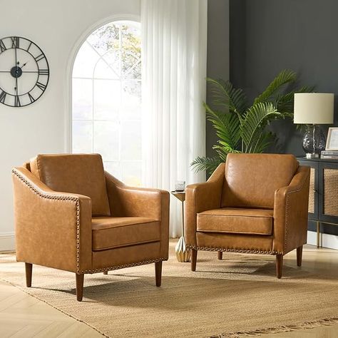 Amazon.com: HULALA HOME Faux Leather Accent Armchairs Set of 2 with Back & Seat Cushions, Traditional Club Chairs with Nailhead Trim, Comfy Upholstered Sofa Chairs for Living Room Bedroom, Camel : Home & Kitchen Formal Lounge Room Ideas Interior Design, Armchair Styling, Entryway Update, Portugal Apartment, Franklin House, Evergreen House, Montana House, Forest Vibes, Turkey Hill