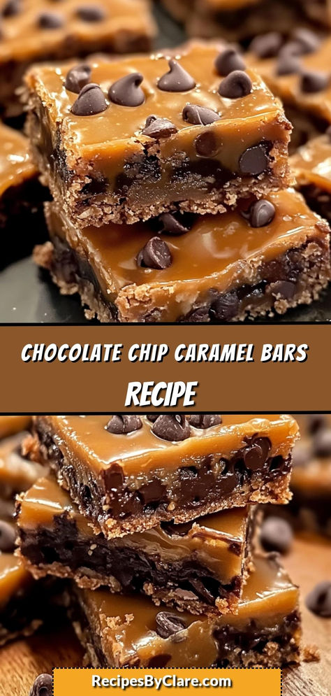 These Chocolate Chip Caramel Cookie Bars are rich, chewy, and filled with gooey caramel. Topped with extra chocolate chips, they’re the perfect dessert for chocolate and caramel lovers!

Ingredients:

1 cup unsalted butter, melted
2 cups chocolate chips
1 cup caramel sauce
Perfect for sharing—or keeping all to yourself! Chocolate Chip Caramel Bars, Chocolate Chip Caramel Cookies, Caramel Bars Recipe, Caramel Cookie Bars, Caramel Cookies Bars, Italian Cookie, Caramel Chocolate Chip Cookies, Italian Cookie Recipes, Chocolate Chip Brownies