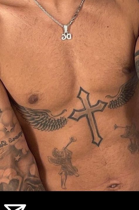 Cross In Middle Of Chest Tattoo, Cross Between Chest Tattoo, Cross Between Breast Tattoo, Tattoo Ideas For Teens Boys, Cross Chest Tattoo, Tattoo Peito, Forearm Name Tattoos, Rib Tattoos For Guys, Ab Tattoo