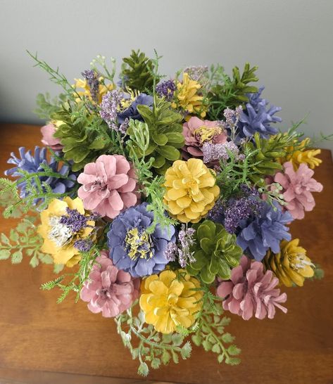 Summer Blossom Pinecone Flowers Arrangement in a Bucket, Rustic Farmhouse Centerpiece, Kitchen Living Room Accent, Mother's Day Gift - Etsy Painted Pinecones Flowers, Coffee Filter Flowers Diy, Pinecone Art, Wooden Christmas Trees Diy, Pinecone Centerpiece, Pinecone Flowers, Market Decor, Pinecone Crafts, Cone Flowers