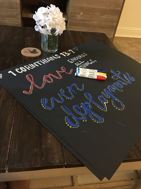 Welcome Home Signs For Military, Deployment Homecoming Signs, Marine Homecoming, Deployment Quotes, Bible Phrases, Military Homecoming Signs, Soldier Care Packages, Army Boyfriend, Deployment Party