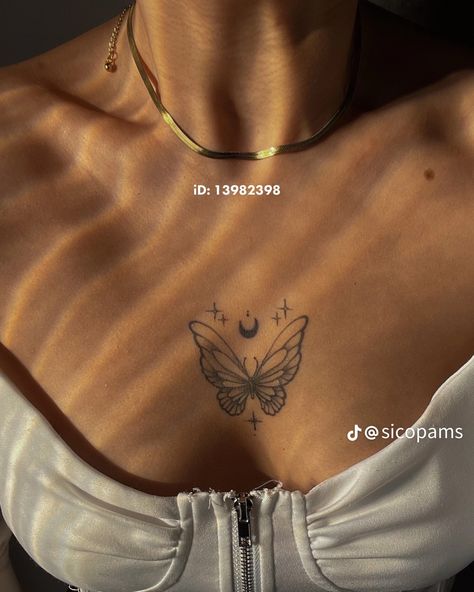 Color Bone Tats Women, In Between Chest Tattoo Female Butterfly, In Between Chest Tattoo Female Simple, Butterfly On Chest Tattoo, Colar Bone Tattoo For Women Meaningful, Butterfly Tattoo Chest Woman, Under Neck Tattoo, Butterfly Tattoo Between Breast, Small Throat Tattoos Women