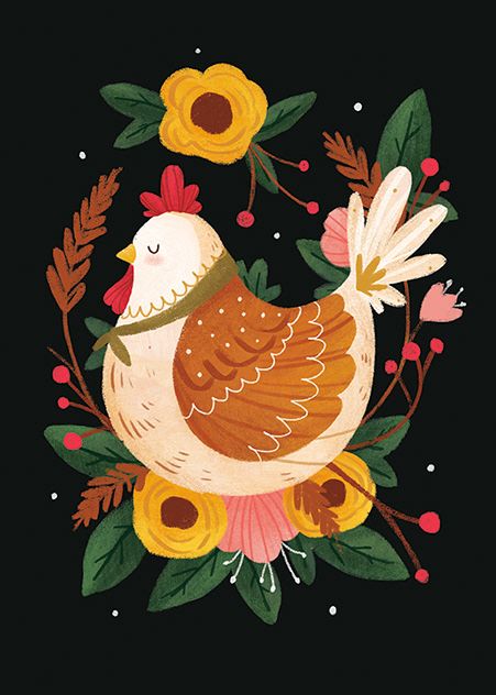 Chickie’s Chicken Illustration, Arte Doodle, Arte Folk, Chicken Art, Scandinavian Folk Art, Pola Sulam, Art Populaire, Folk Art Painting, Bird Illustration