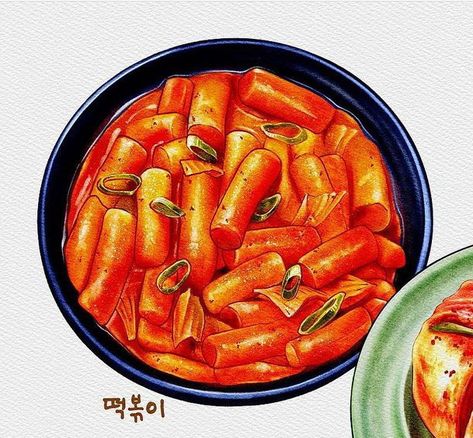 Korea Food Drawing, Korean Food Drawing Aesthetic, Korean Food Painting, Korean Food Drawing Cute, Korean Food Drawing, Korean Food Art, Food Drawing Easy, South Korean Food, Food Doodles