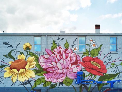 Bursts of Stylized Flowers by ‘Ouizi’ Transform Buildings Into Floral Canvases | Colossal Linoleum Prints, Outdoor Murals, Indoor Mural, Louise Jones, Fantasy Angel, Garden Fence Art, Garden Mural, Flower Mural, Sidewalk Art