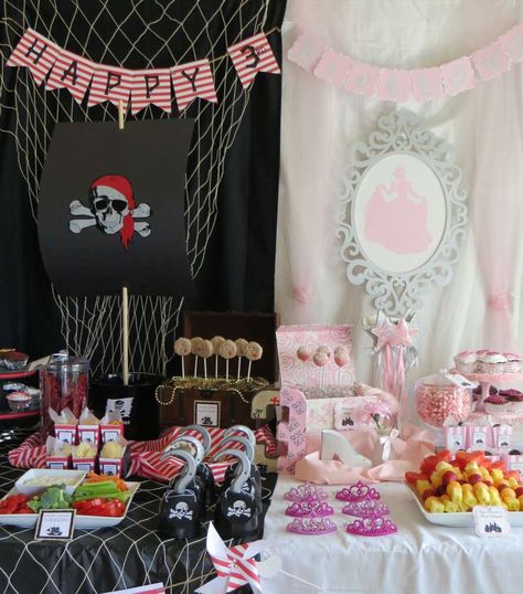 Pirate and princess birthday party!   See more party planning ideas at CatchMyParty.com! Mermaid Pirate Party, Princess Birthday Party Ideas, Sibling Birthday Parties, Combined Birthday Parties, Pirate Themed Birthday Party, Pirate Themed Birthday, Princess Birthday Party Decorations, Twin Birthday Parties, Time Planning