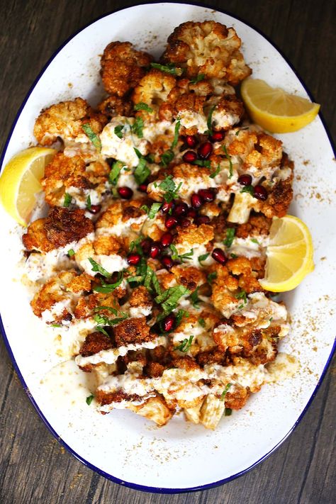 Cauliflower with Tahini Sauce Mediterranean Califlour, Roasted Cauliflower Tahini Sauce, Cauliflower Tahini Recipes, Tahini Roasted Cauliflower, Roasted Cauliflower With Tahini Sauce, Sumac Cauliflower, Lebanese Cauliflower, Middle Eastern Cauliflower, Cauliflower With Tahini Sauce