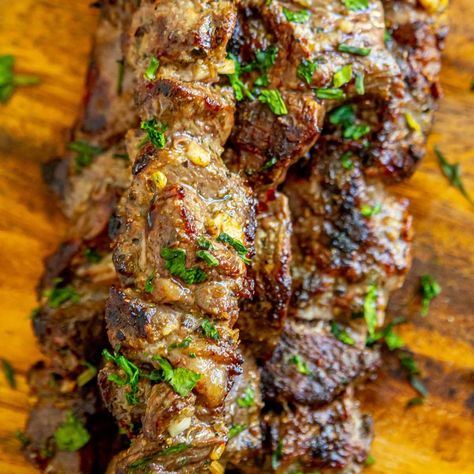 Garlic Butter Lamb Chops, Lamb Souvlaki Recipe, Fried Mushrooms Recipe, Seared Lamb Chops, Souvlaki Skewers, Air Fried Mushrooms, Lamb Souvlaki, Kebab Recipes Beef, Butter Lamb