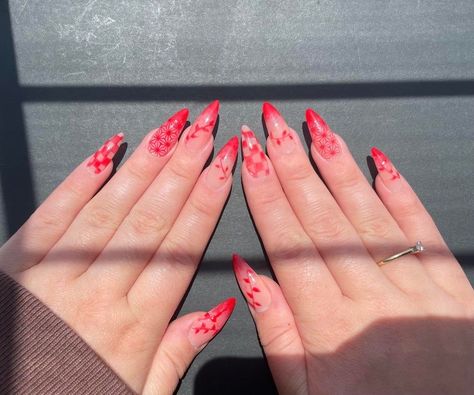 Nails Nezuko Nails, Demon Slayer Nails, Nails Goth, Acrylic Nails Stiletto, Nails Acrylic Coffin, Anime Nails, Goth Nails, Edgy Nails, Really Cute Nails