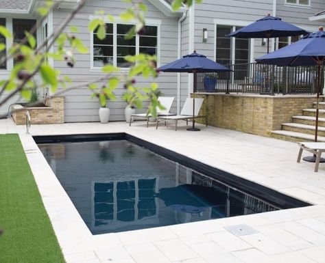 Imagine Pools, Small Fiberglass Pools, Modern English Cottage, Blue Haven Pools, Fountain Pool, Small Inground Pool, Deep Pool, Rectangle Pool, Hot Tub Patio