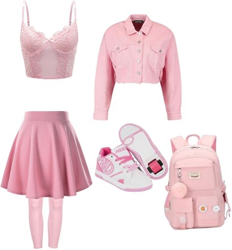 Aphrodite Daughter, Pink Skater Skirt, Pink Denim Jacket, Bodice Top, Lace Corset, Pink Backpack, Outfit Maker, Outfit Shoplook, Pink Leggings