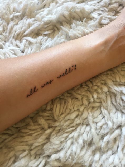 i love my all was well tattoo! it’s the last sentence from the 7th Harry Potter book, and also has the stars from the top of each page in the series ⚡️ All Was Well Tattoo, Gut Tattoo, Inside Ankle Tattoos, Harry Potter Quotes Tattoo, Well Tattoo, Twilight Tattoos, Foot Tattoos For Women, Harry Potter Tattoos, Wrist Tattoos For Women