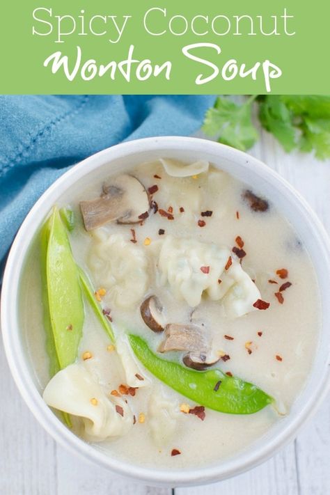 Spicy Coconut Wonton Soup - delicious 15 minute soup! Spicy coconut broth with wontons, mushrooms, and snow peas! Coconut Broth, Soup Spicy, Fake Ginger, Soup With Coconut Milk, Quick And Easy Soup, Best Soup Recipes, Delicious Soup Recipes, Snow Peas, Wontons