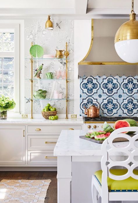 More Chinoiserie Kitchen Wallpaper In Kitchen, Chinoiserie Kitchen, Blue Mosaic Tile, White Kitchen Island, Chinoiserie Wallpaper, Chinoiserie Chic, Hall Design, In Kitchen, Contemporary Kitchen