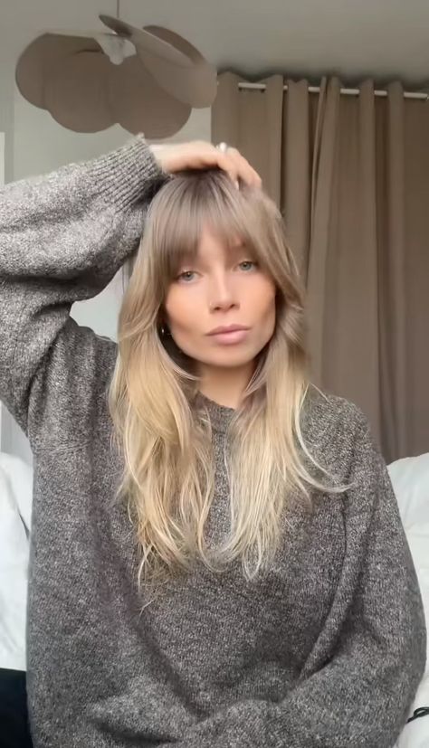 Bronde Balayage With Fringe, Blonde Long Haircuts, Bronde Shag Long, Julianne Hough Hair Bangs, Fringe Long Face, Dark Blonde Fringe, Jane Birkin Fringe, Fringe For Square Face, Light Bangs Long Hair