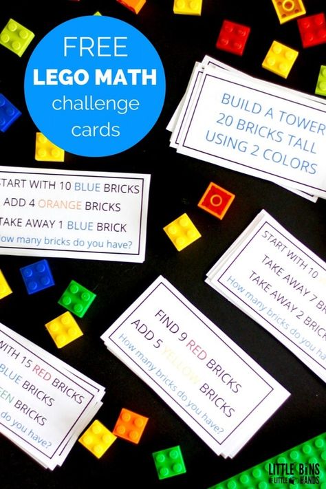 Use LEGOs for this fun math challenge activity.  Our printable challenge cards keep preschoolers busy and engaged as the count, practice colors, and work on their motor skills! Fun for math time in the preschool room, down time inside during the winter, or counting practice during the summer months.  #funwithlegos #preschoolmath #countingexercise Lego Math, Math Night, Lego Challenge, Daily Five, Free Lego, Lego Activities, Math Challenge, Math Activity, Math Activities Preschool