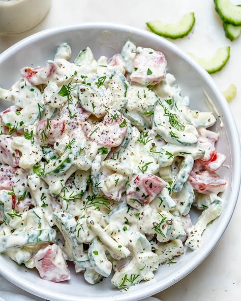 Creamy Cucumber Chopped Salad for Fresh Clean Eats! | Clean Food Crush Creamy Cucumber Tomato Salad Greek Yogurt, Cucumber Celery Salad, Chopped Cucumber Salad, English Cucumber Recipes, Cucumber Grape Salad, English Salad, Yogurt Salad, Clean Meals, Celery Salad