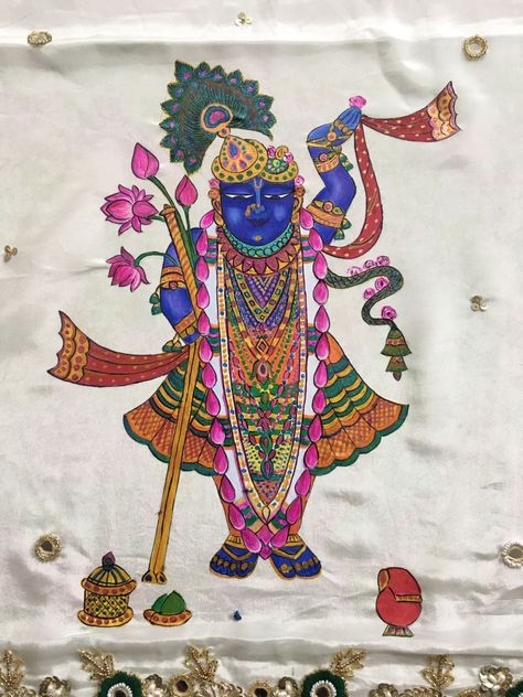 Shree Nathji, Pichwai Art, Pichwai Painting, Mirror Work Blouse Design, Plate Decoration, Fabric Paint Diy, Saree Painting, Painted Clothing, Kerala Mural Painting