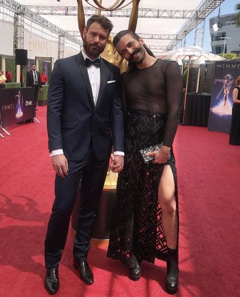 Jonathan Van Ness, Tan France, Funny Dresses, Gender Fluid Fashion, Queer Eye, Sheer Gown, Gay Aesthetic, The Emmys, Queer Fashion