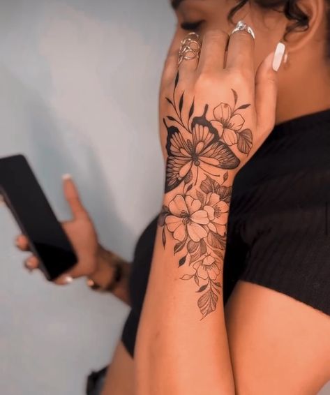 Tattoo Ideas Female Sleeve Elephant, Wrist Into Hand Tattoo, Small Women Hand Tattoos, Forearm Tattoo Women Lion, Arm Tattoos For Women Butterfly, Tattoos For Your Mum, Forearm Butterfly Tattoo Women, Side Arm Tattoos For Women Quotes, Floral Hand Tattoos For Women