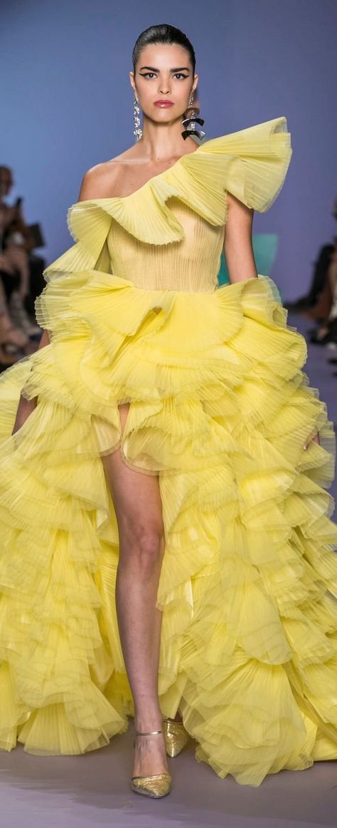 Yellow Couture, Camp Fashion, Yellow Mushroom, Emo Dresses, Georges Hobeika, Rainbow Fashion, African Traditional Dresses, African Inspired Fashion, Ruffles Fashion